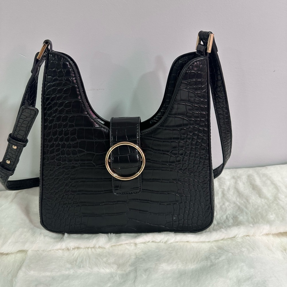 Madison West Black Croc-Embossed Shoulder Bag with Gold Ring